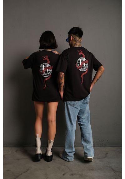 Technomonkey Unisex Siyah Oversize Yılan Baskılı T-shirt