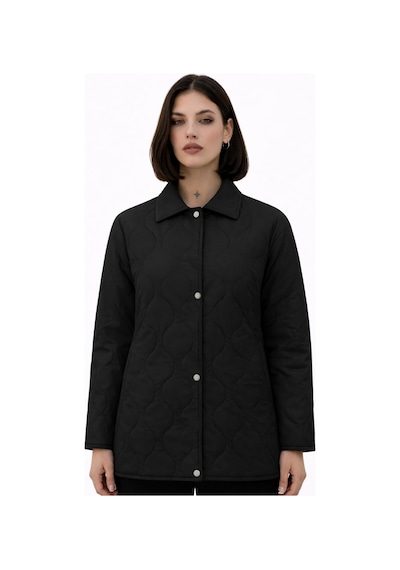 Kadın Desenli Çıtçıtlı Çift Cepli Oversize Kapitone Ceket-391 Siyah