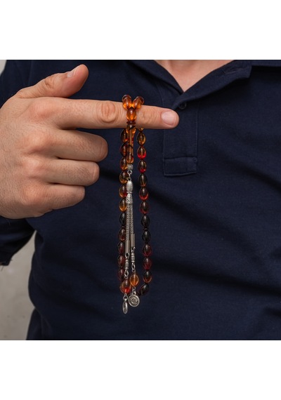 Metal Püsküllü Bordo Amber Sıkma Kehribar Tesbih