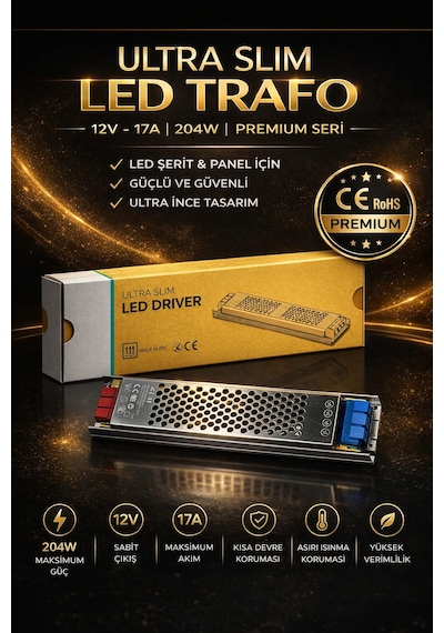 Ultra Slim Led Trafo 17 Amper,12 Volt, 204 W -