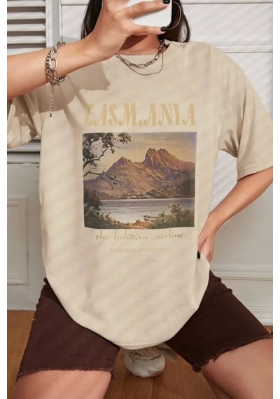 Unisex Tasmania Baskılı Tasarım Tshirt Bej