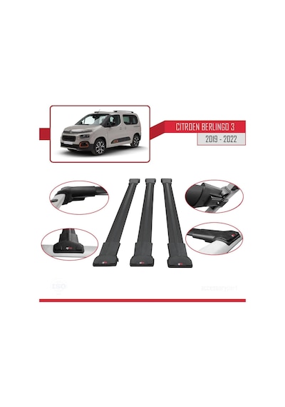 Citroen Berlingo 2019-2022 Arası İle Uyumlu Fly Model Ara Atkı Tavan Barı Siyah 3 Adet Bar