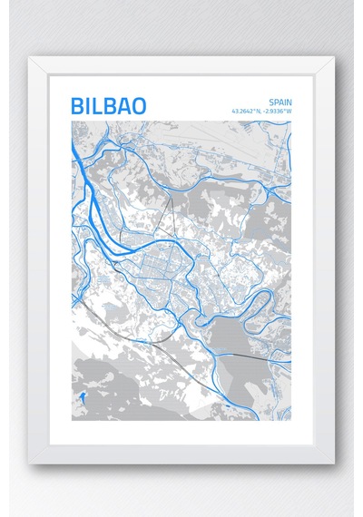 Bilbao İspanya Spain Haritası Çerçeveli Tablo Lüks Salon Ofis Duvar Dekorasyonu Hediyelik Tablo Beyaz