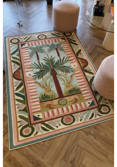 Palm 301 Pembe Yeşil Halı Palmiye Desenli Yıkanabilir Modern Salon Oturma Odası Mutfak Ev Oda Halısı Pembe Yeşil 1