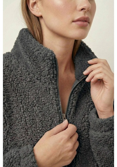 Kadın Peluş Tam Fermuarlı Cepli Sherpa Kuzu Kumaş Oversize Peluş Polar Sweatshirt Füme