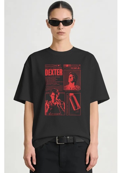 Dexter Dizi Baskılı Unisex Oversize Premium Tişört Siyah