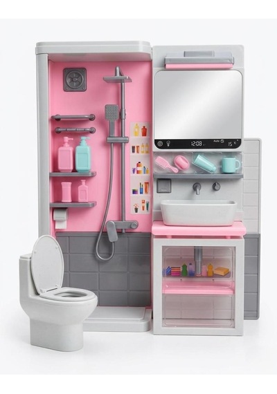 Dev Boy 4 Modüllü Oyuncak Banyo Seti 50x32 Cm - Çamaşır Makinesi, Duş Ve Gardırop Bir Arada