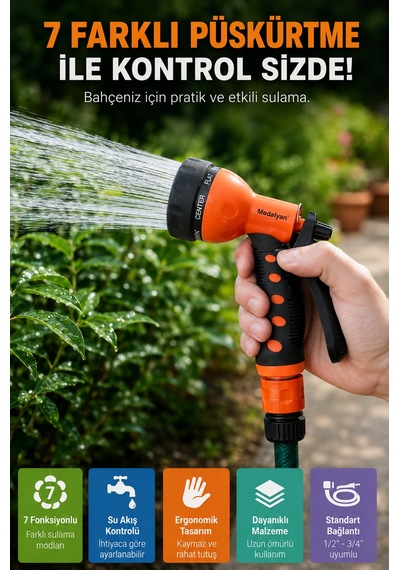 7 Fonksiyonlu Bahçe Sulama Tabancası Ayarlanabilir Su Püskürtme Başlığı Ergonomik Tutuşlu