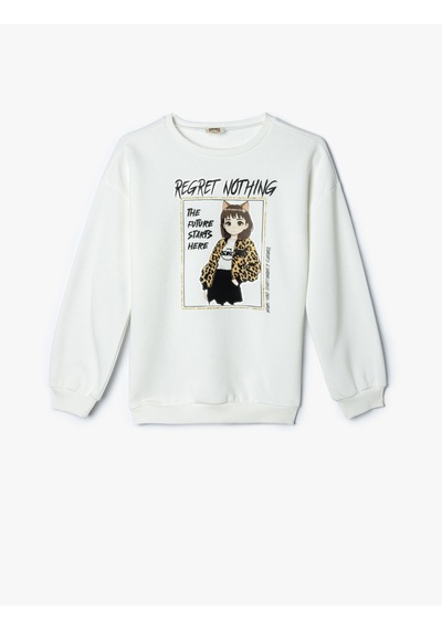 Koton Sweatshirt Baskı Detaylı Bisiklet Yaka Uzun Kollu Şardonlu Ekru 5wkg10498ak Ekru