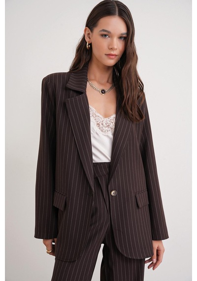 Mixray 4753 Kadın Çizgili Oversize Blazer Ceket Kahve
