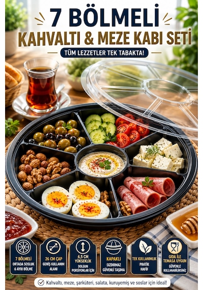 7 Bölmeli Kahvaltı Meze Kabı Kapaklı 26 Cm Tek Kullanımlık Salata Sunum Ve Paket Servis Kabı Seti Siyah