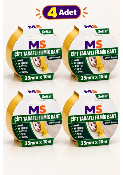 4 Adet Çift Taraflı Filmik Şeffaf Bant 35 Mm X 10 Metre Yapışkanlı Hobi Bandı El Çok Amaçlı Bantları