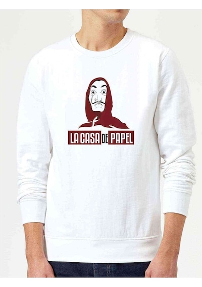 La Case De Papel Hodie Baskılı Beyaz Erkek Örme Sweatshirt (528450630)
