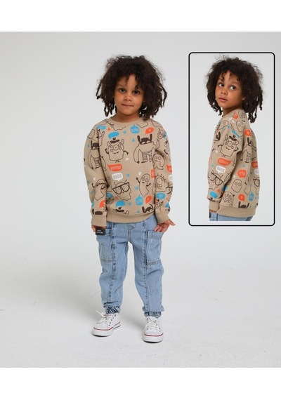 Jack Lions Erkek Çocuk Pamuklu Üç İplik Figür Desenli Sweatshirt-13621 Camel