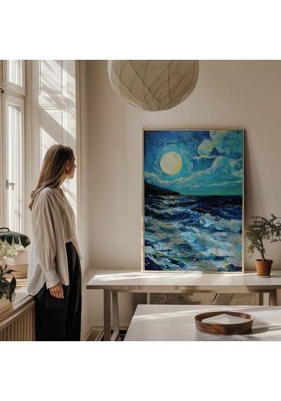 Yağlı Boya Poster, Van Gogh Tarzı, Gece Denizi, Canlı Renkler, Dijital İndirme
