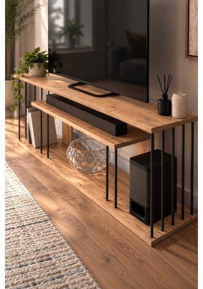 Sulorahome Çam Desenli Kahverengi Tv Ünitesi Ve Raf Sistemi
