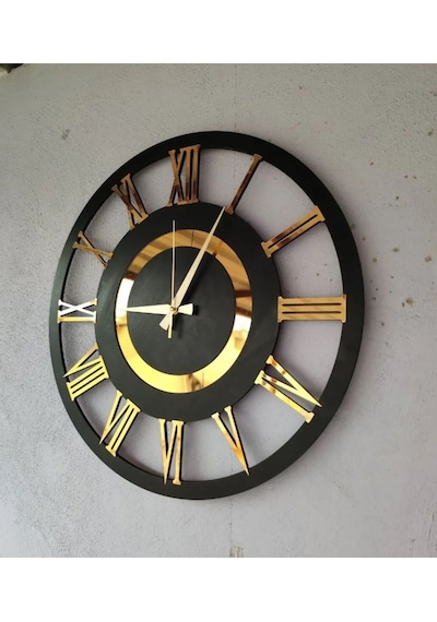 Siyah Ve Ceviz Renk Gold Sayılı Hediyelik Ahşap Dekoratif Farklı Desenli Ev Duvar Saati 50cm Ceviz