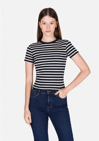 Colins Slim Fit Yuvarlak Yaka Çizgili Kadın Lacivert Kısa Kol Tişört Cl1073208 Q1.v1 Nav Lacivert