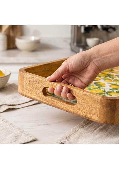 Mango Ağacı Dikdörtgen Servis Tepsisi, 33 X 22 X 4,70 Cm Limon Desenli Ahşap Sunum Tepsisi, Yüksek Kenarlı Kahvalt