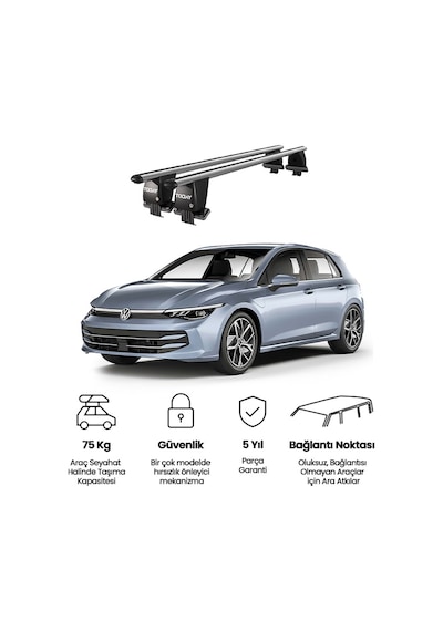 Royal Volkswagen Golf 2019 Ve Sonrası Uyumlu Gri Kilitli Ara Atkı Port Bagaj Tavan Barı