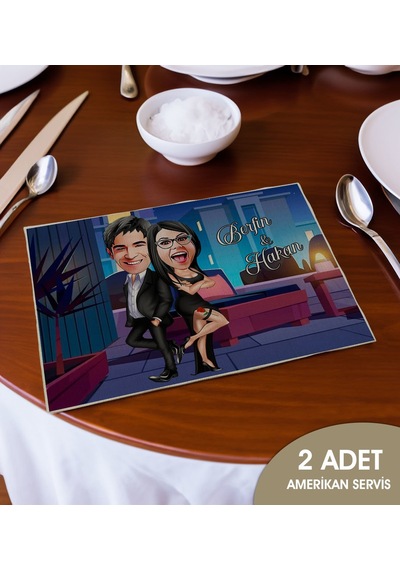 Bk Gift Kişiye Özel Karikatürlü 2 Li Keten Amerikan Servis Seti-6, Ev Hediyesi,baskılı Servis Bezi, Mutfak Dekoru Bitmeyencom33174 Bk Gift