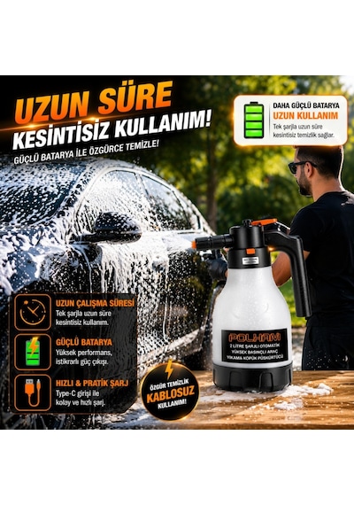 Polham Yeni Nesil 2l Şarjlı Otomatik Basınçlı Araç Yıkama Köpük Püskürtücü, Araç, Jant, Bahçe Yıkama Pompası Beyaz