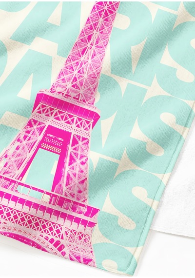 Paris Temalı Şehir Plaj Havlusu - Modern Pop Art Turkuaz Pembe Hızlı Kuruyan Mikrofiber Havlu Sedef Armut