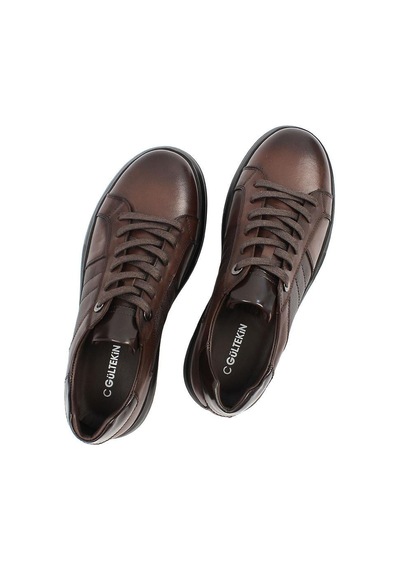 Erkek Kahverengi Bağcıklı Kalın Tabanlı Deri Sneaker Lacivert