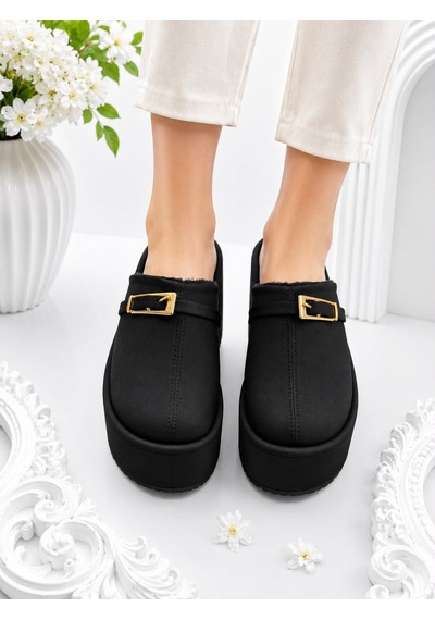 Dabab Shoes Nara Kadın Siyah Sıcak Kürklü Gold Tokalı Kapalı Burun Dolgu Topuklu Platform Terlik Dabab Shoes Nara Kadın Siyah Sıcak Kürklü Gold Tokalı Kapalı Burun Dolgu Topuklu Platform Terlik