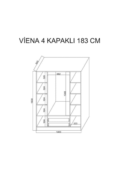 Kuzeylife Viena Modern Tasarımlı Membran Kapaklı 4 Kapılı Gardırop (50cm Derinlik)