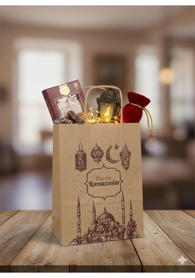 Ramazan Hediyelik Paketleme Çantası, 3lü Paket, Cami Temalı Kraft Kağıt Çanta Seti, 8x18x23 Cm