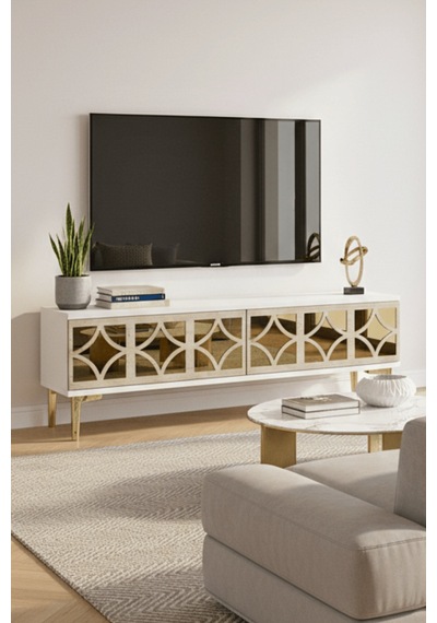 Tsa1236btg - Öztv120 Tv Stand, Tv Sehpası Beyaz - Traverten - Gold 120cm