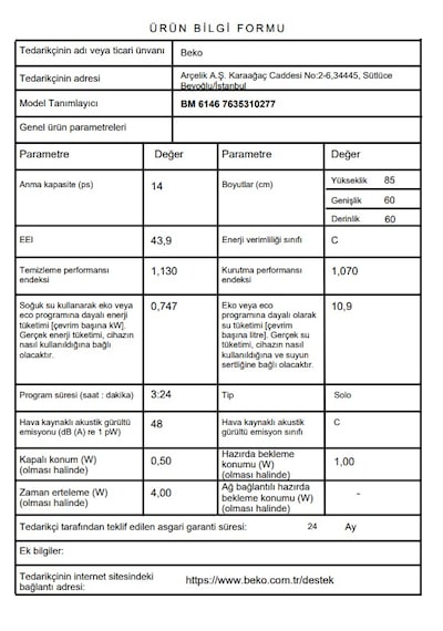 Beko BM 6146 6 Programlı 14 Kişilik Bulaşık Makinesi