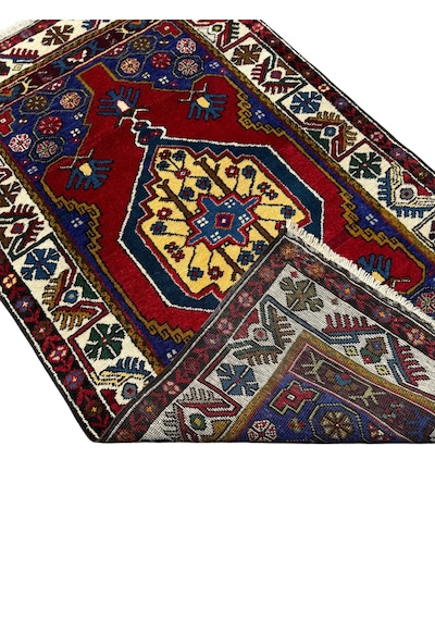 El Dokuma Sıfır Yahyalı Halısı 90x160 Kırmızı Lacivert Kök Boya Yün Halı