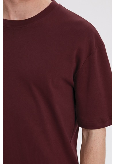 Tudors Unisex Oversize Geniş Kesim %100 Pamuk Yumuşak Dokulu Basic Bisiklet Yaka Bordo Tişört-40053 Bordo