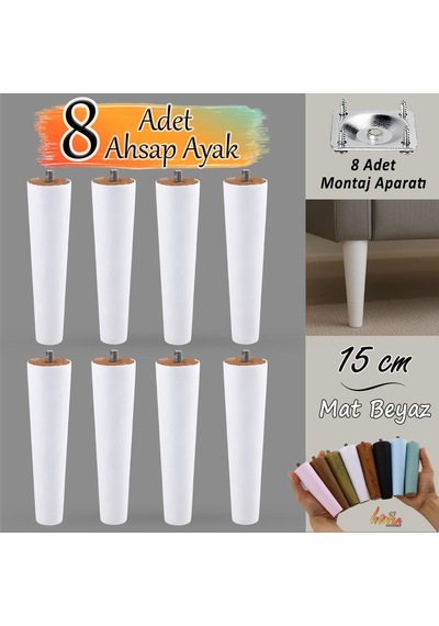 8 Adet Ahşap Ayak 15 Cm Beyaz M8 Civatalı Bağlantı Aparatlı Dolap Mobilya Koltuk Kanepe Destek Ayağı Ayakları Beyaz