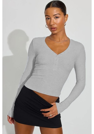 Madmext Gri V Yaka Uzun Kollu Düğme Detaylı Kaşkorse Bodysuit Mg2194 Gri