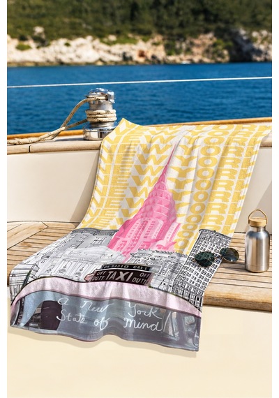 New York Şehir Temalı Modern Plaj Havlusu - Urban Retro Pembe Sarı Hızlı Kuruyan Mikrofiber Havlu Donuk Çayı