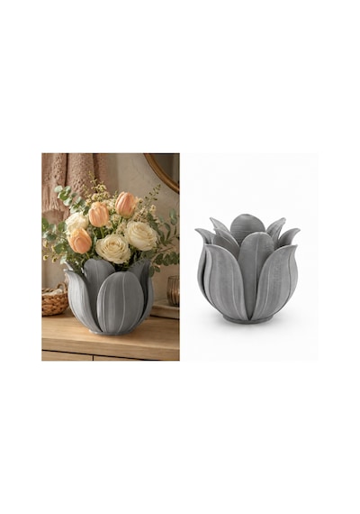 3d Baskı Lotus Yapraklı Vazo - Dekoratif Çiçeklik-gri Çok Renkli