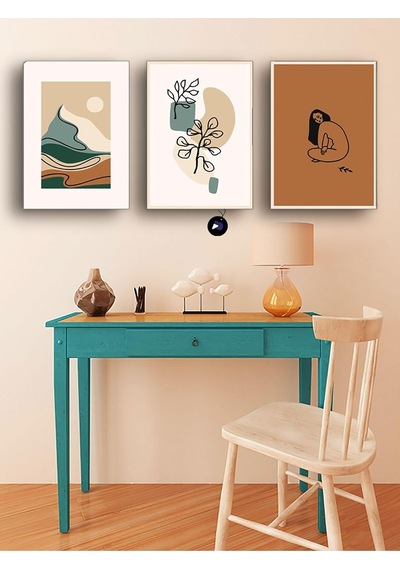 Pster108 Soyut Kahve Doğa Çiçek Ve Kadın Üçlü Kanvas Tablo Seti, Premium 3'lü Canvas, 3 Parçalı Duvar Tablos