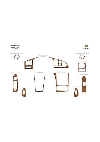 Hyundai Elantra Torpido Kaplama 2004-2007 10 Parça Açık Meşe