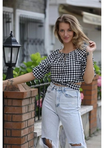 Lodmela Bağlama Detaylı Crop Bluz 1736siyah