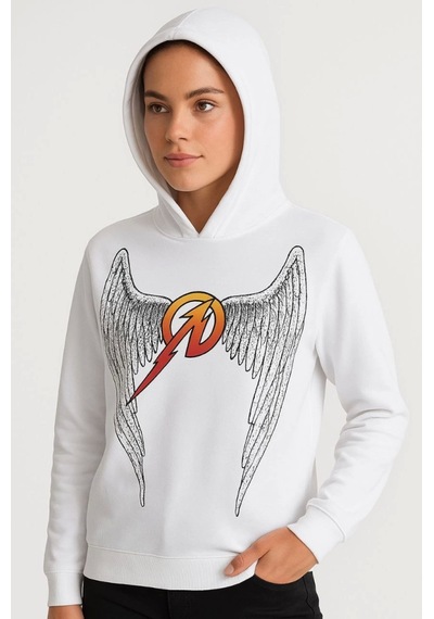 Suma Metallica İki İplik Kapüşonlu Ön Ve Arka Baskılı Beyaz Hoodie