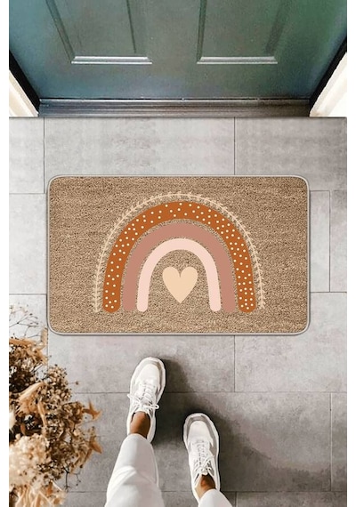 Bej Modern Love Kalp Desenli Kapı Önü Paspası Kp11n11