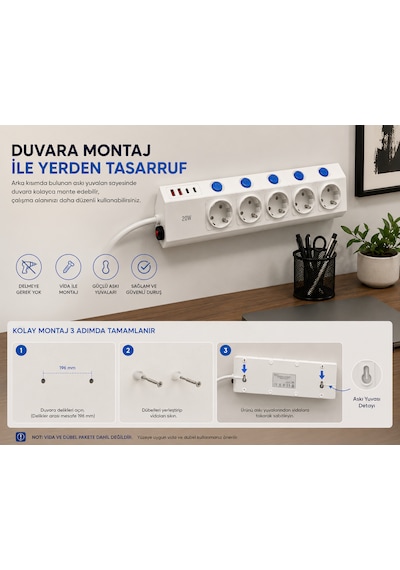 5'li Akım Korumalı Çoklu Priz 2 Metre Kablolu 3680w 16a 5 Bağımsız Anahtarlı 2 Usb-a 2 Usb-c Pd 20w Hızlı Şarj Destekli 2 m