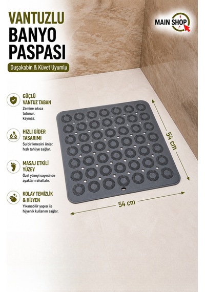 Mainshop Vantuzlu Banyo Paspası 54x54 Cm - Kaymaz Tabanlı Duşakabin Ve Küvet İçi Matı Gri M-150