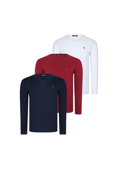Üçlü Set T8587 Dewberry V Yaka Erkek Sweatshırt-beyaz-lacivert-bordo Beyaz-lacivert-bordo