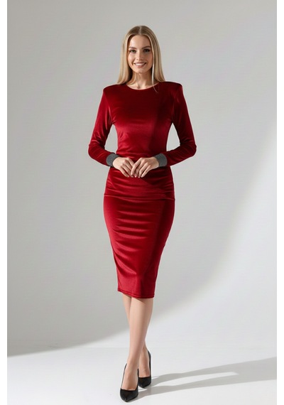 Defymoda Kadın Modern Vatkalı Midi Elbise Kırmızı