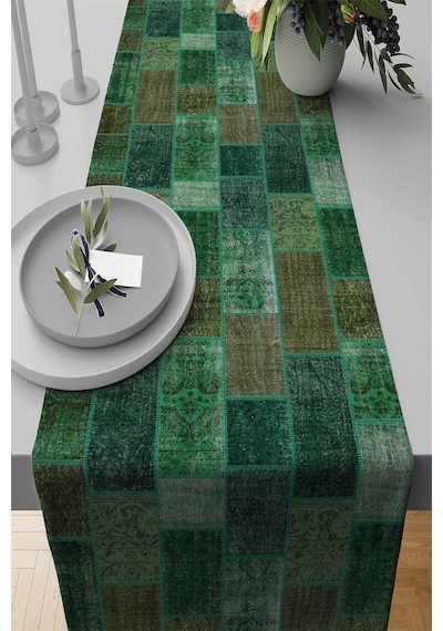 Yeşil Patchwork Desenli Premium Masa Örtüsü Runner Rnr295