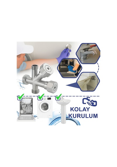 Dual Ara Musluk Çamaşır & Bulaşık Makinesi Musluğu 1/2 Giriş, 2 Çıkış, Pirinç Gövde Gri